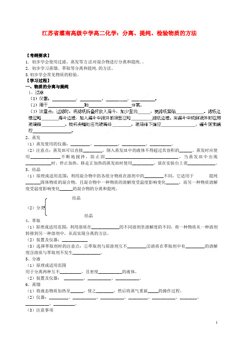 江苏省灌南高级中学高二化学 分离、提纯、检验物质的方法学案