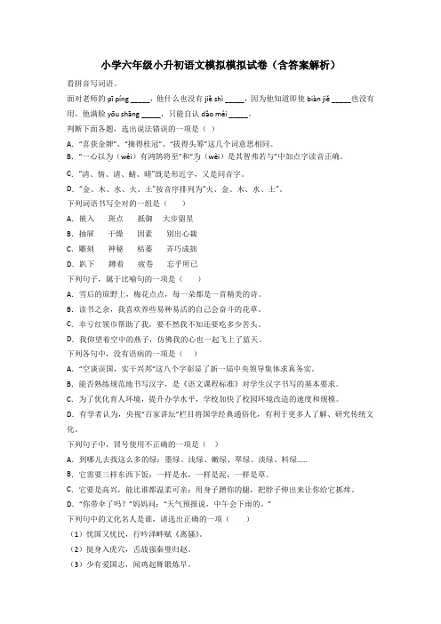 小学六年级小升初语文模拟模拟试卷(含答案解析)