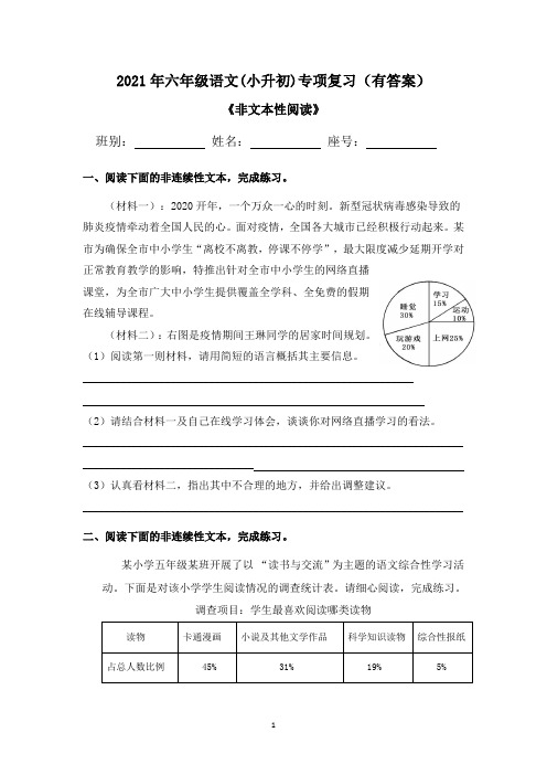 【小升初】2021年六年级下册语文试题-(小升初)专项复习《非文本性阅读》-人教部编版(含答案)