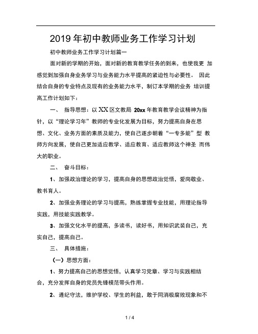 2019年初中教师业务工作学习计划