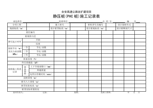 高速静压桩(PHC桩)施工记录表