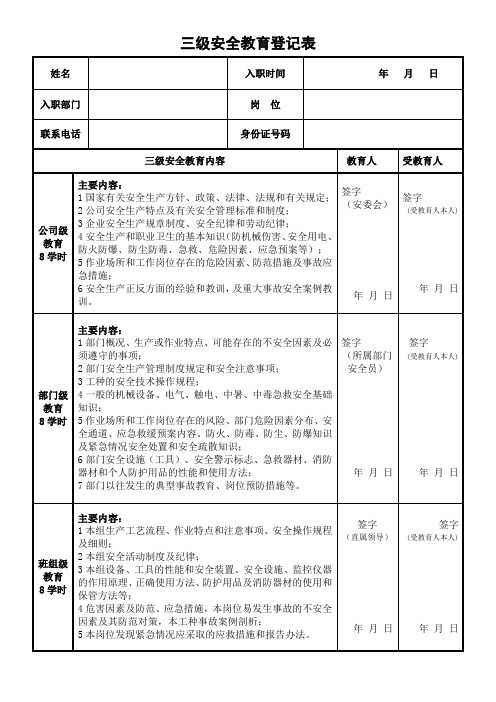 三级安全教育登记表 - 副本