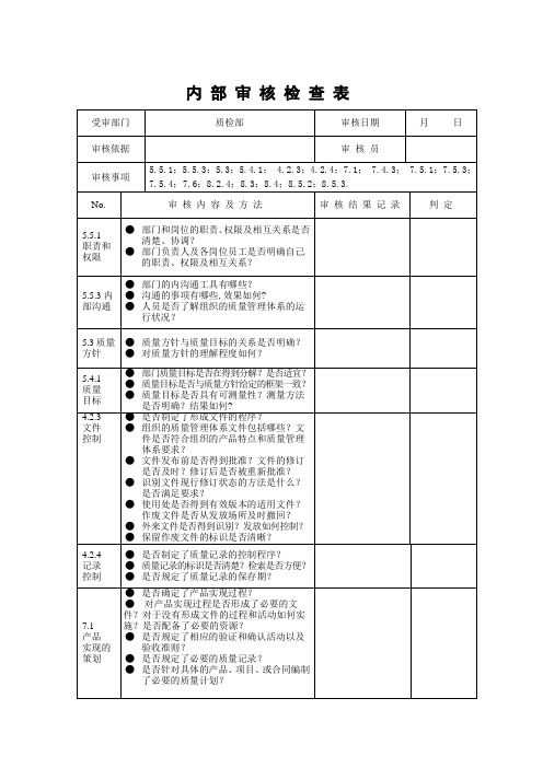 质量体系认证——内部审核检查表(质检部门)