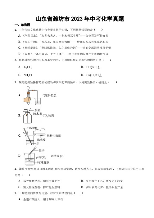 山东省潍坊市2023年中考化学真题(附参考答案)