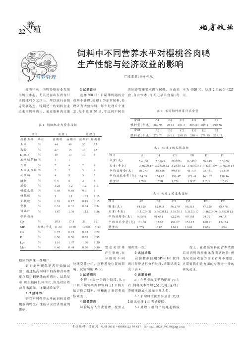 饲料中不同营养水平对樱桃谷肉鸭生产性能与经济效益的影响