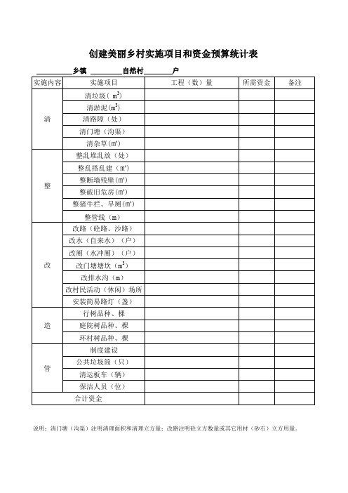 创建美丽乡村实施项目和资金预算统计表