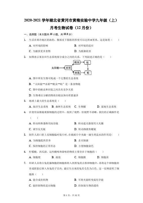 2020-2021学年湖北省黄冈市黄梅实验中学九年级(上)月考生物试卷(12月份)(附答案详解)