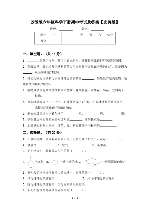 苏教版六年级科学下册期中考试及答案【完美版】