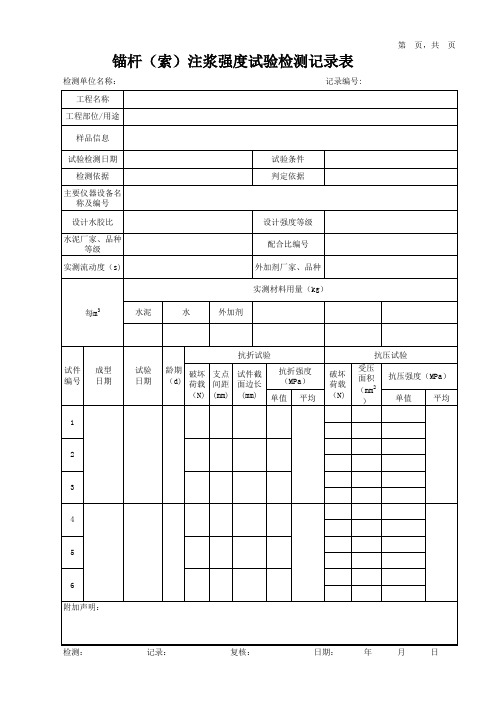 锚杆(索)注浆强度试验检测记录表