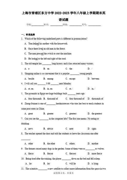 上海市青浦区东方中学2022-2023学年八年级上学期期末英语试题