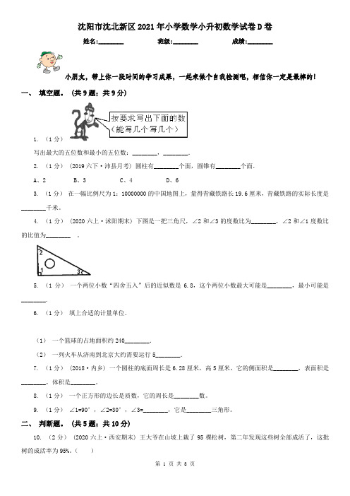 沈阳市沈北新区2021年小学数学小升初数学试卷D卷