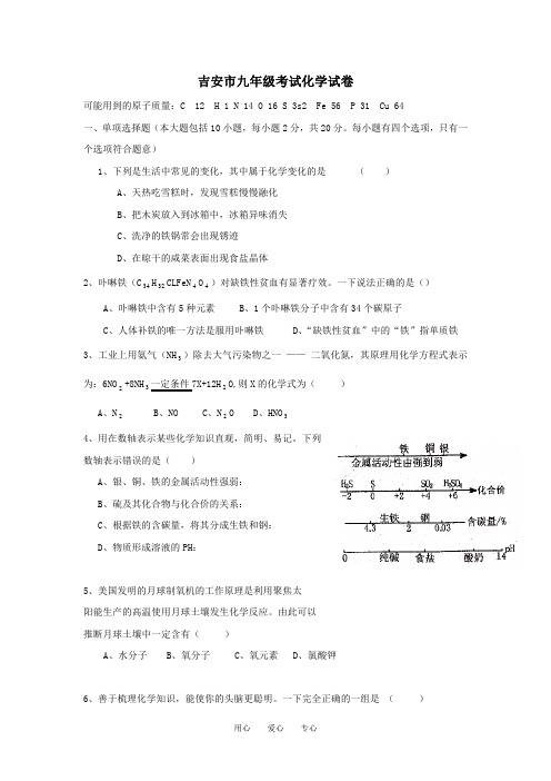 江西省吉安市2008—2009学年九年级化学下学期期末考试试卷