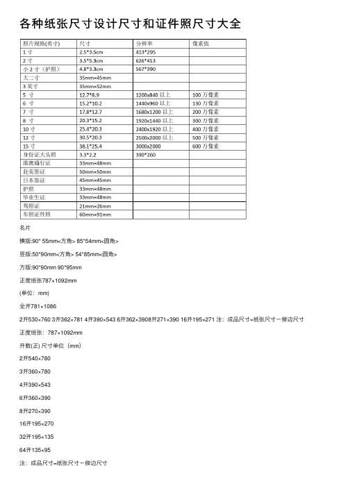 各种纸张尺寸设计尺寸和证件照尺寸大全