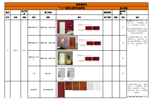 1299套餐主材型号选样表-合同附件(版本号：SH12993020170104)