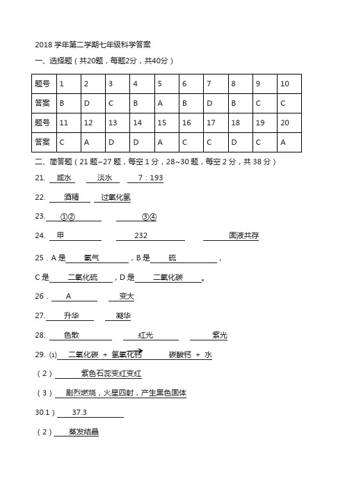 2018学年第二学期七年级期中答案