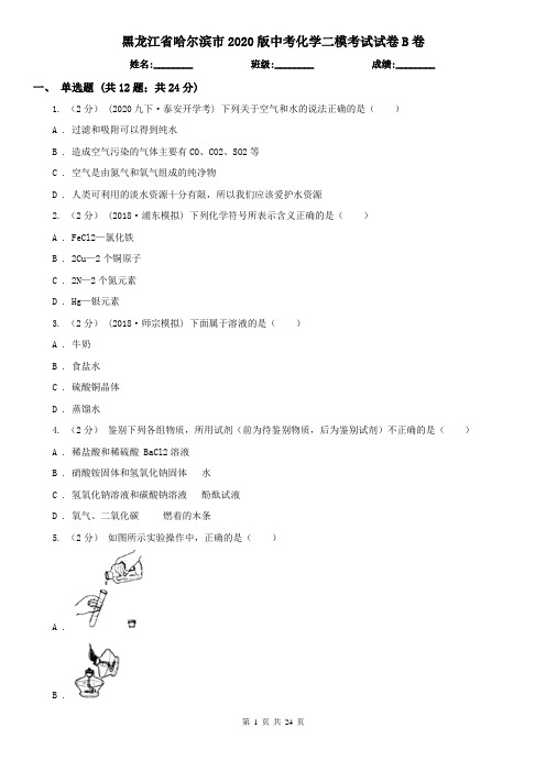 黑龙江省哈尔滨市2020版中考化学二模考试试卷B卷