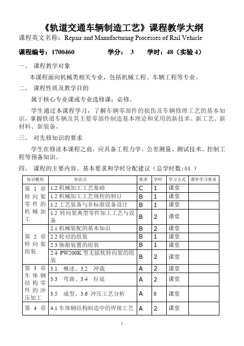 轨道交通车辆制造工艺课程教学大纲