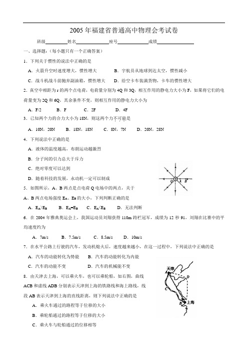 2005年福建省普通高中会考物理试卷1