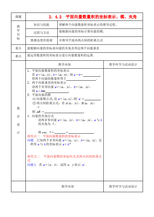 高中数学 2.4.2平面向量数量积的坐标表示、模、夹角作业教案 新人教A版必修4