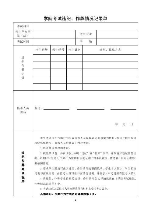 学院考试违纪、作弊情况记录单