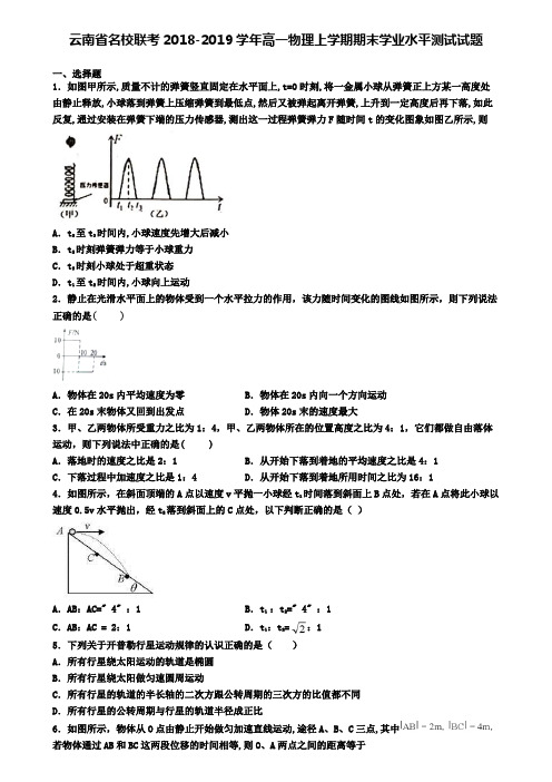 云南省名校联考2018-2019学年高一物理上学期期末学业水平测试试题