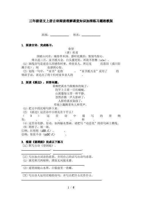三年级语文上册古诗阅读理解课堂知识加深练习题湘教版