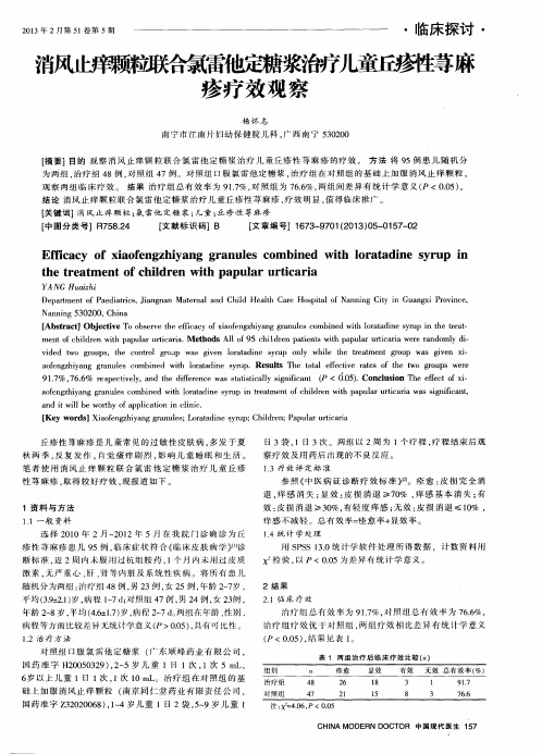 消风止痒颗粒联合氯雷他定糖浆治疗儿童丘疹性荨麻疹疗效观察