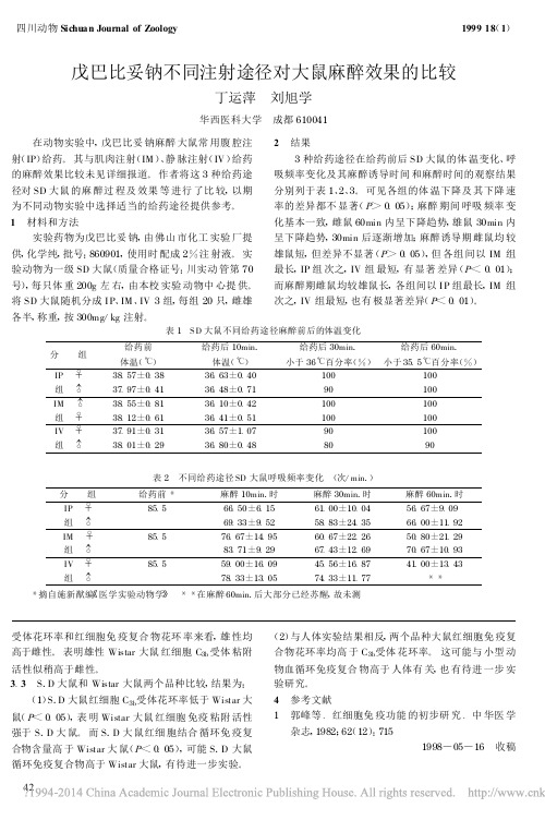 戊巴比妥钠不同注射途径对大鼠麻醉效果的比较