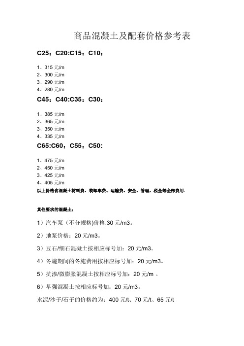 商品混凝土及配套价格参考表