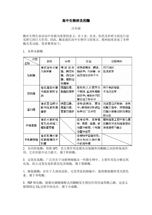 高中生物涉及的酶