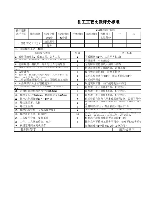 钳工工艺比武评分标准