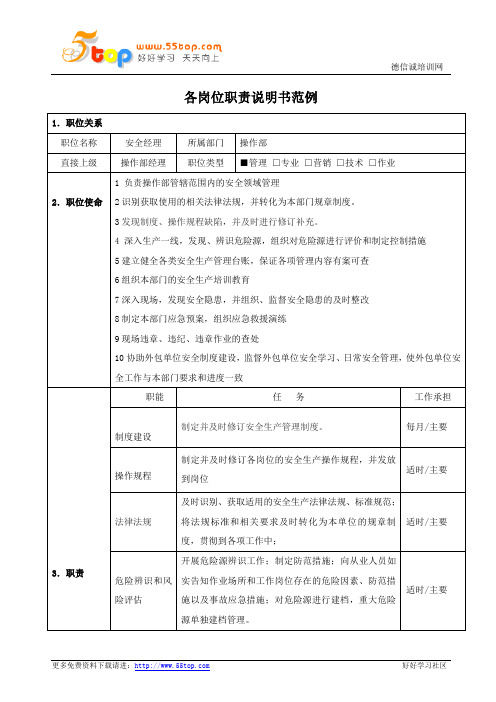 安全经理岗位职责说明书