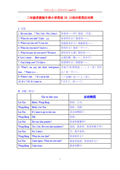 二年级苏教版牛津小学英语2B 口语对答英汉对照