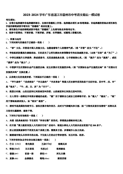 2023-2024学年广东省湛江市雷州市中考语文最后一模试卷含解析