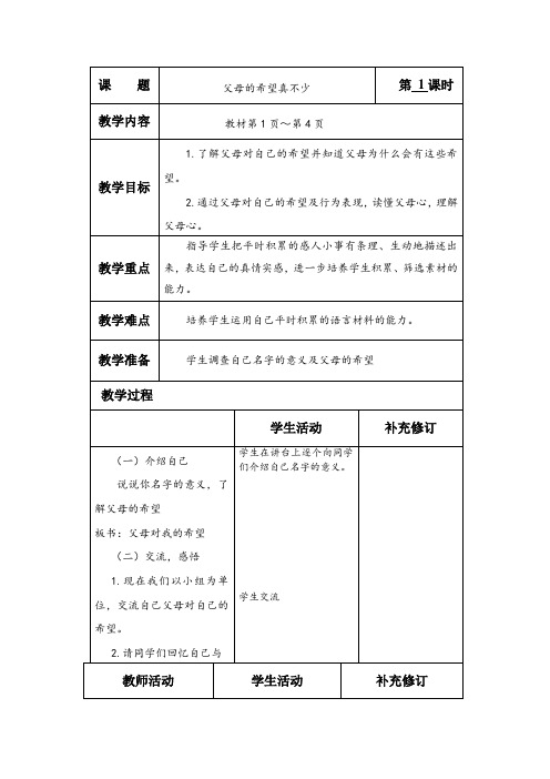 五年级上 品德与社会《父母的希望真不少》教学设计