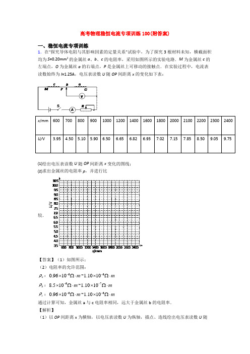 高考物理稳恒电流专项训练100(附答案)