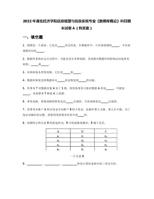 2022年湖北经济学院信息管理与信息系统专业《数据库概论》科目期末试卷A(有答案)