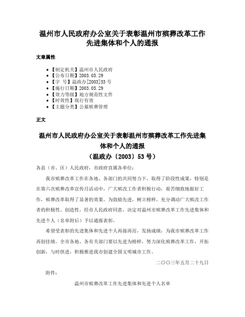 温州市人民政府办公室关于表彰温州市殡葬改革工作先进集体和个人的通报