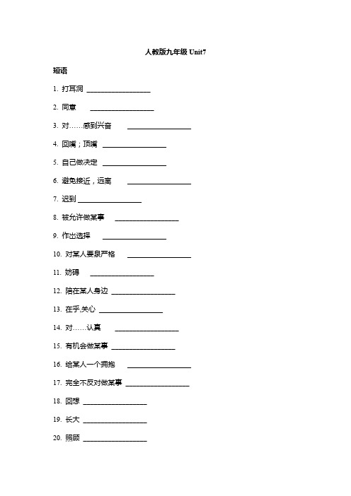 Unit7+短语互译及练习+2024-2025学年人教版英语九年级全册