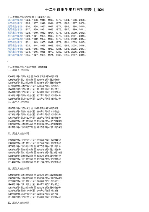 十二生肖出生年月日对照表【1924