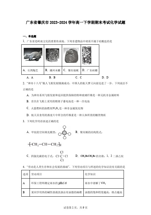 广东省肇庆市2023-2024学年高一下学期期末考试化学试题