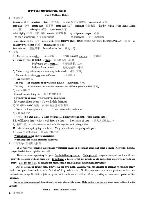 高中英语人教版必修二知识点总结Unit 1 Cultural Relics