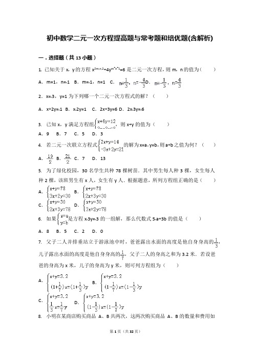 初中数学二元一次方程组提高题与常考题和培优题(含解析)(可编辑修改word版)