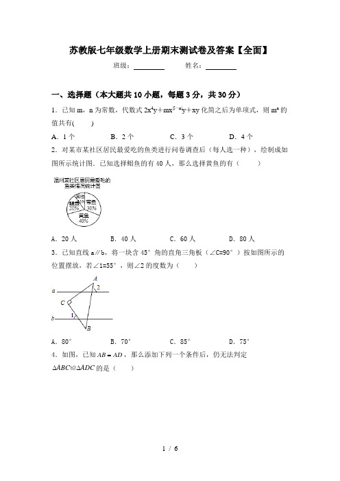 苏教版七年级数学上册期末测试卷及答案【全面】