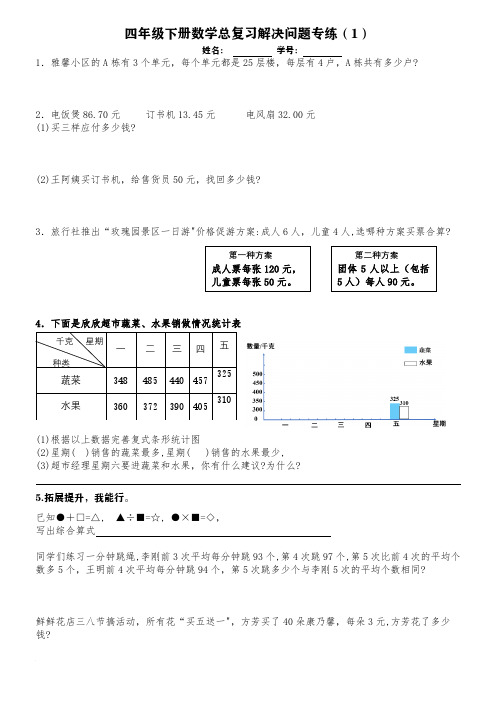 4-6四年级下册数学总复习题型专练：解决问题