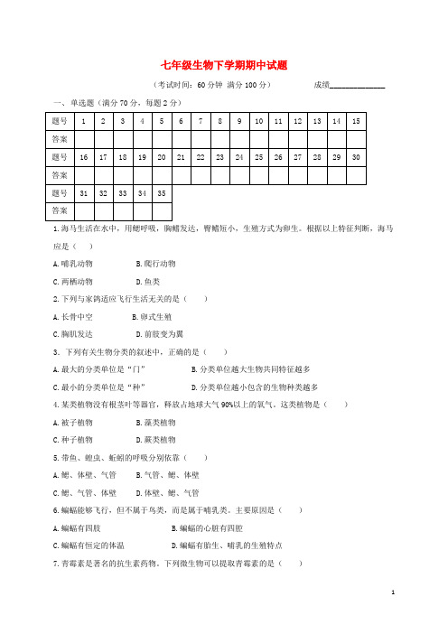 江苏省兴化市顾庄学区三校七年级生物下学期期中试题