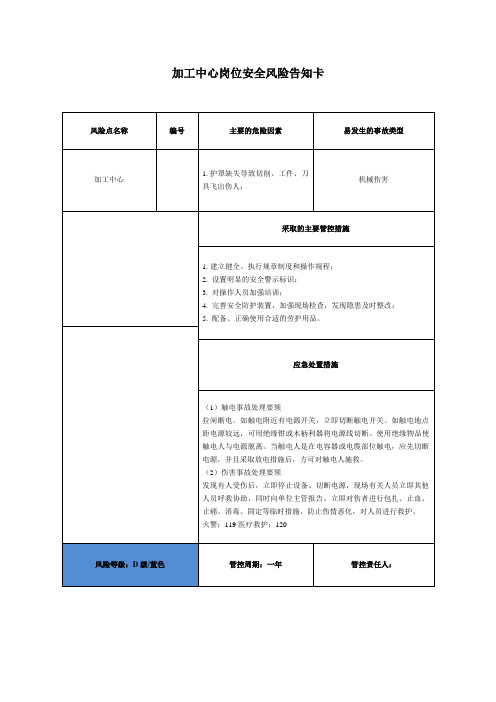 加工中心岗位安全风险告知卡