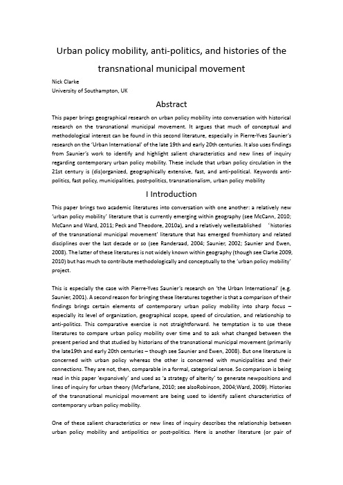 Urban policy mobility, anti-politics, and histories of the transnational municipal movement