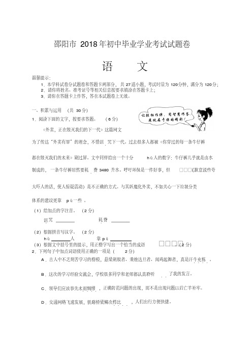 2019年邵阳市中考语文试题及答案
