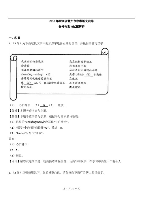 2018年浙江省衢州市中考语文试题  解析版